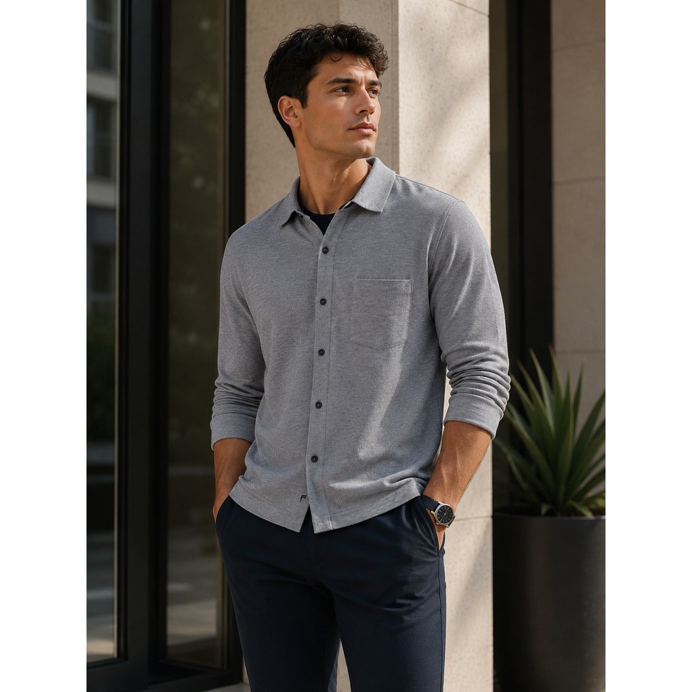 Fabletics Button Down Shirt Mens Large Gray Long Sleeve Pique Pocket‎
